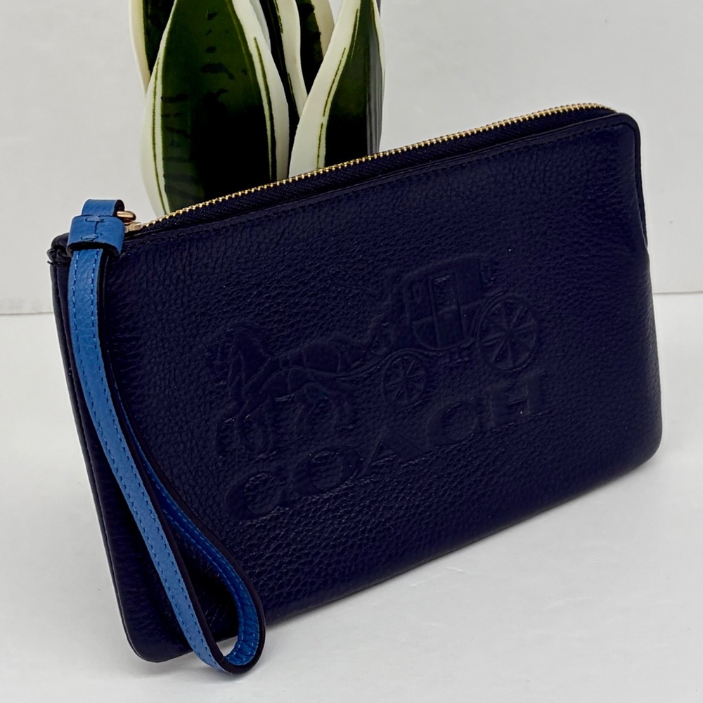 Coach Large Corner Zip Wristlet Wallet With Horse And Carriage Navy